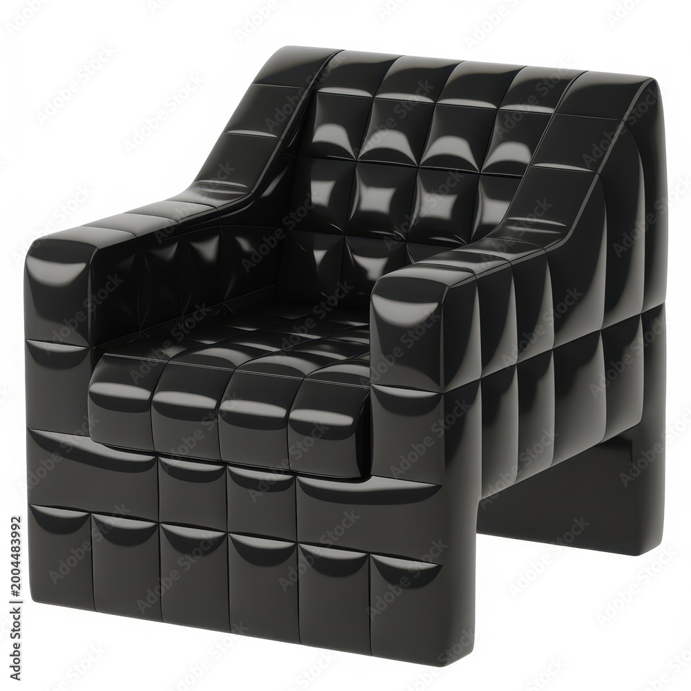 Fototapeta premium Black leather armchair with quilted tufted texture isolated on a white background