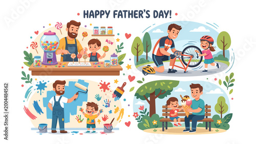 Father's Day Delights: A collection of heartwarming scenes showcasing fathers and their children enjoying quality time together, celebrating the special bond between parent and child.