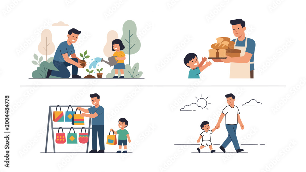 Fototapeta premium Father-Child Activities: A heartwarming illustration depicts a series of wholesome activities. Scenes include gardening, helping with bags.
