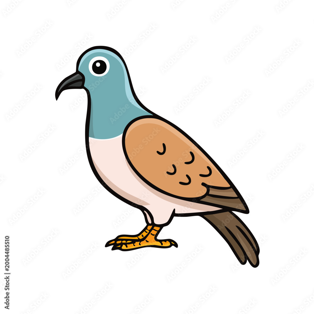 Fototapeta premium Cute Cartoon Dove Bird with Blue Head and Brown Wings Standing Alertly