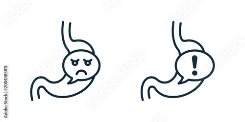 Photos Digestion problems icons with stomach in line pictograms on white background for medical, healthcare, and gastrointestinal symptom illustration in clean vector style