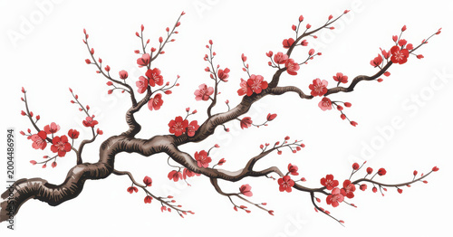 Flowering plum tree branch with red blossoms and dark bark isolated on a plain white background