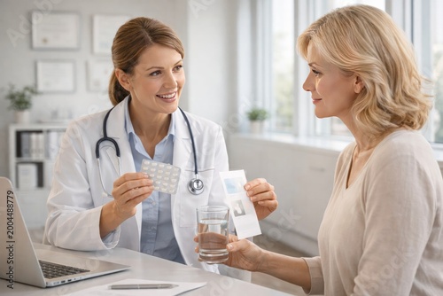 Female doctor talking with mature woman and holding medication in clinic, menopause care, hormone treatment, healthcare consultation.