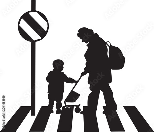 Silhouette of a woman and child crossing the street vector illustration
