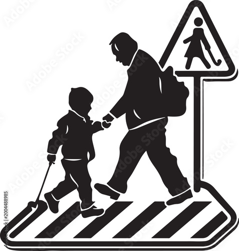 Silhouette of a father and child crossing the street  vector illustration
