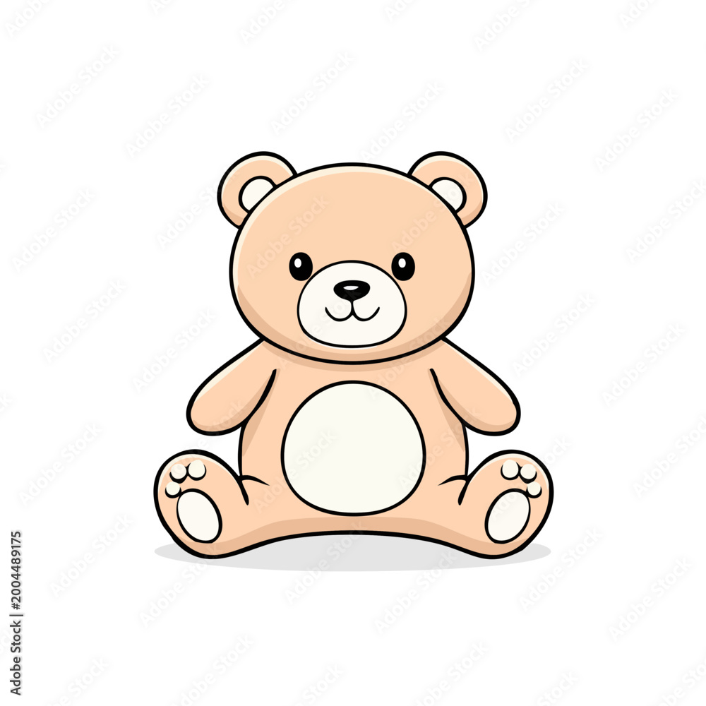 Fototapeta premium Cute cartoon teddy bear illustration with big eyes and rounded ears sitting on white.