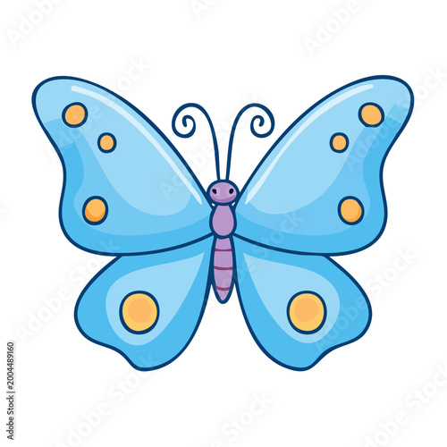 Cute cartoon blue butterfly with orange spots and curly antennae on white background