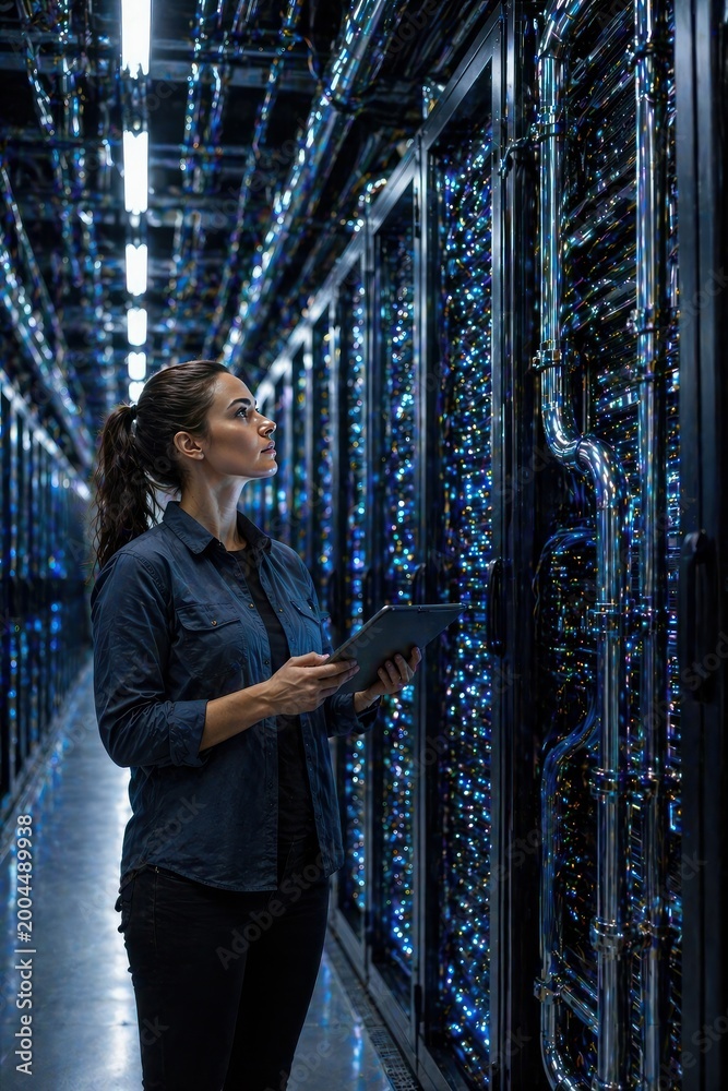 Fototapeta premium Female engineer inspecting server racks in data center, technology infrastructure, maintenance, digital system monitoring.