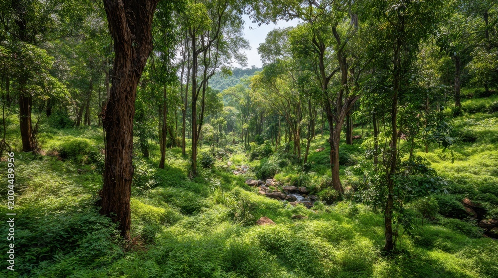 Obraz premium Lush Green Forest Path Bathed in Sunlight