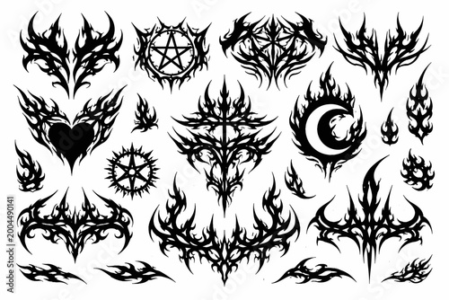 Gothic Neo Tribal Fire Abstract Graphics Vector Set with Y2K Cyber Tribal Shapes and Edgy Sigilism Design Elements. Black Ink Tattoo Style Illustrations featuring Pentagrams, Hearts, and Moon Icons.