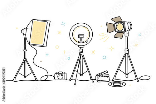 Professional Studio Lighting Equipment and Camera Gear Illustration Drawn with a Continuous Single Line Style Featuring Softbox Ring Light Spotlight and Clapperboard for Video Production
