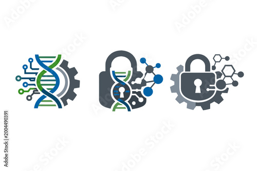 Vector illustration of scientific hybrid symbols featuring DNA strands with circuit lines, molecular structures, and gears merged with padlocks for biotechnology security and genetic research.