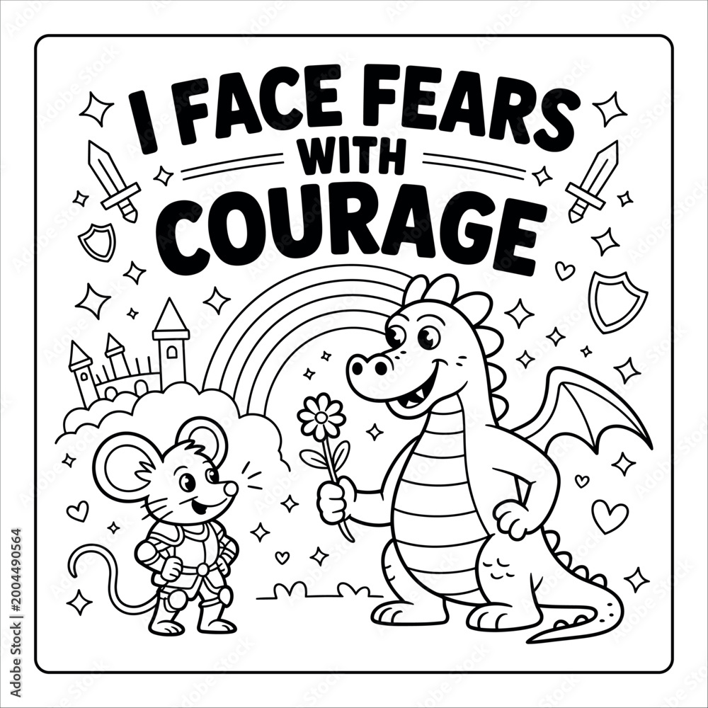 Fototapeta premium Positive affirmation coloring page for kids in north america with dragon and mouse.