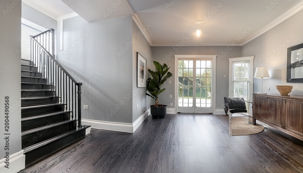 Fototapeta premium modern farmhouse foyer with gray lvp flooring white walls black staircase and natural light