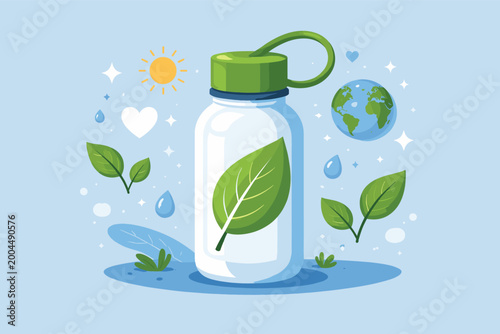 Eco-Friendly Reusable Water Bottle Vector Illustration with Green Leaf Design, Earth Globe, Sun, and Water Drops on Blue Background, Concept for Sustainable Living, Zero Waste, and Environmental Care