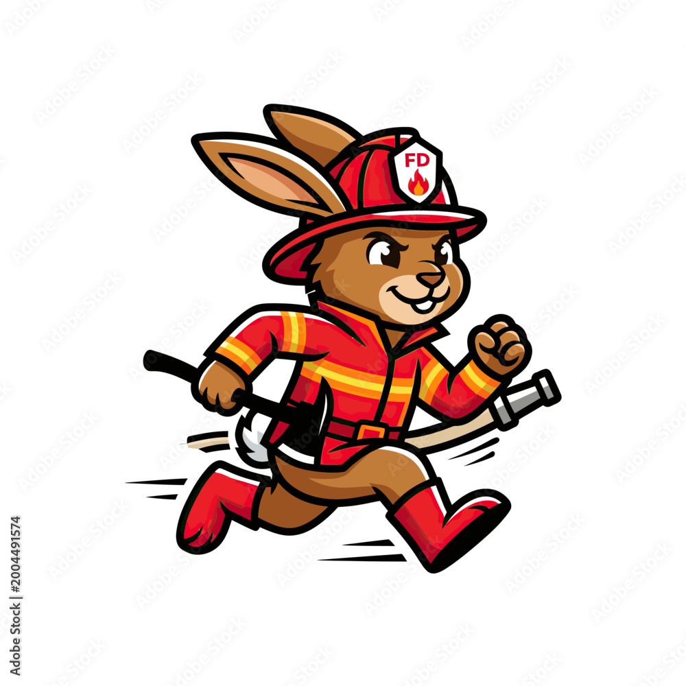 Naklejka premium Cartoon rabbit wearing firefighter gear.