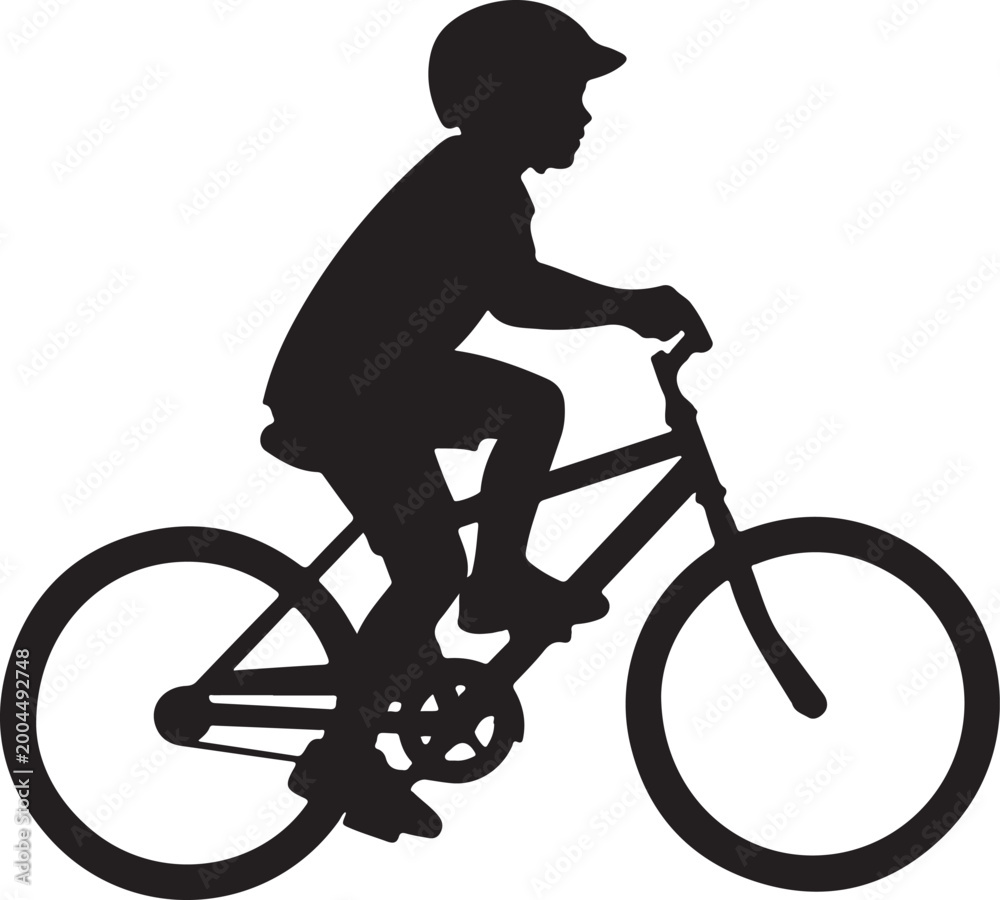 Obraz premium Black silhouette child riding bicycle, kid on bike icon, cycling illustration, vector graphic
