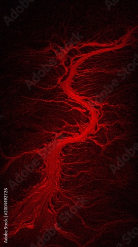 Abstract red vascular pattern on dark surface, organic flowing lines, subtle texture, deep crim