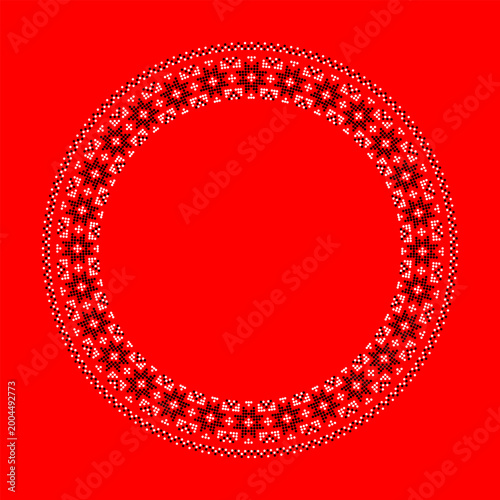 Ukrainian Circular Embroidery Frame Border Red Background Black White Folk Ornament Round Decorative Floral Ring Traditional Design