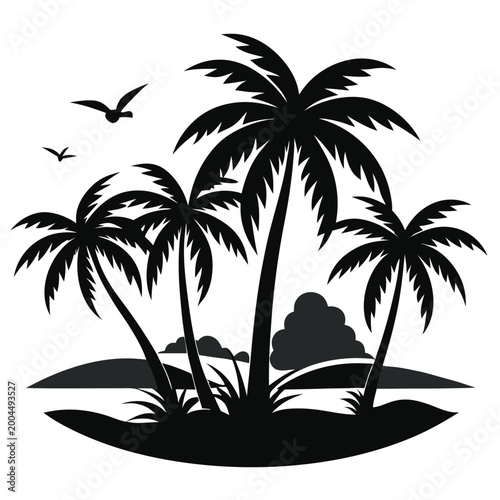 Canvas Print Silhouetted tropical island scene with palm trees ocean and flying birds in blac