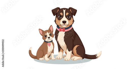Bild auf Leinwand Cute cartoon dogs, small chihuahua and large mixed breed, wearing collars, isola
