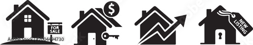Real estate icons with houses and property symbols for sale and listing