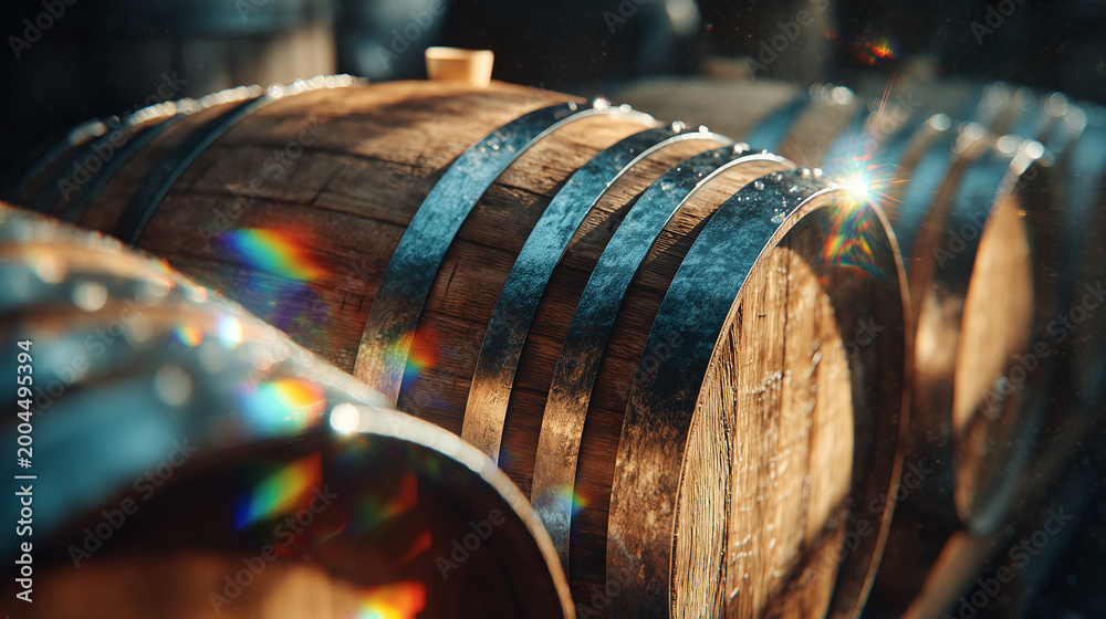 Obraz premium Oak wine barrels in modern winery cellar under warm sunset light highlighting wood texture and traditional aging process