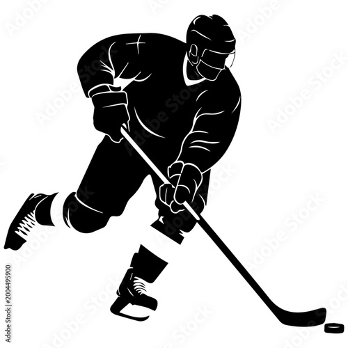 Photography Black Silhouette of Ice Hockey Player Shooting Puck on Ice