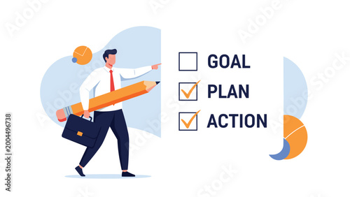 Focused professional man holding a giant pencil while checking off items on a large list labeled goal plan and action to represent productivity.