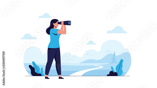 Focused woman using binoculars to look at a winding road in a landscape representing future planning and long term career vision.