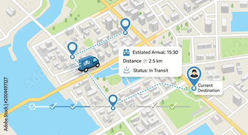 Konstfotografi Delivery Van Tracking on Digital Map with Route and Status Information