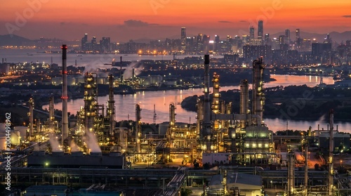 Industrial oil refinery at dusk with illuminated towers and skyline reflecting on river in urban setting. Concept of energy transition, decline of the oil industry, decarbonization strategies