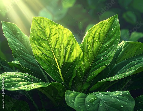Lush green leaves shine