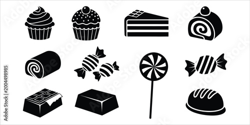 Black silhouette collection of various sweet treats and desserts