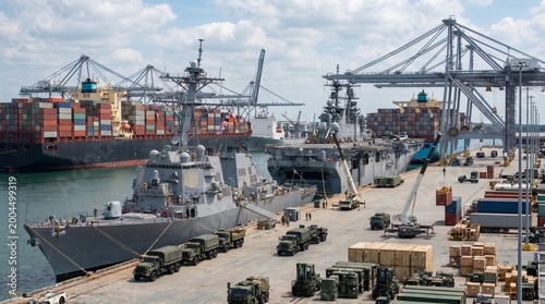 Plakat w ramie Military naval vessels docked at busy port with cargo ships and containers in background, trucks and equipment on pier. Concept of military power, naval operations, maritime security