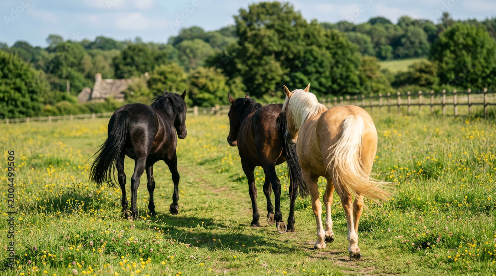 Obraz premium Rustic countryside horses walking in green meadow, group of three horses in summer pasture, rural equestrian landscape with farm animals