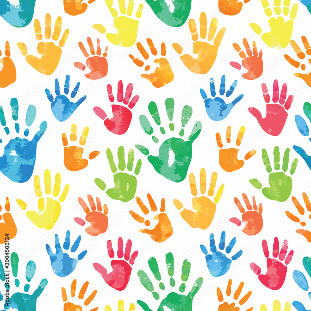 Fototapeta premium Seamless pattern of watercolor handprints on white background.eps