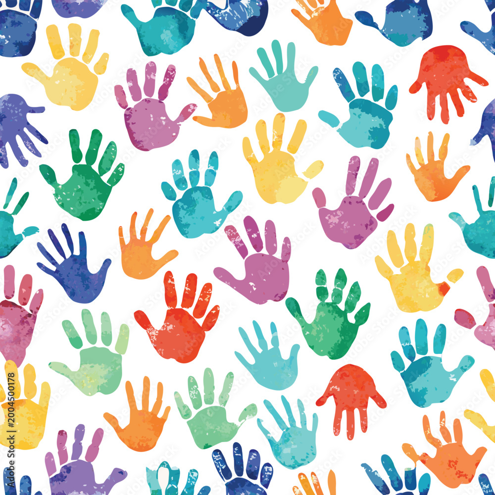 Fototapeta premium Seamless pattern of watercolor handprints.
