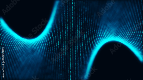 Valokuva An abstract, undulating surface of glowing dots and lines creates a dynamic digital structure