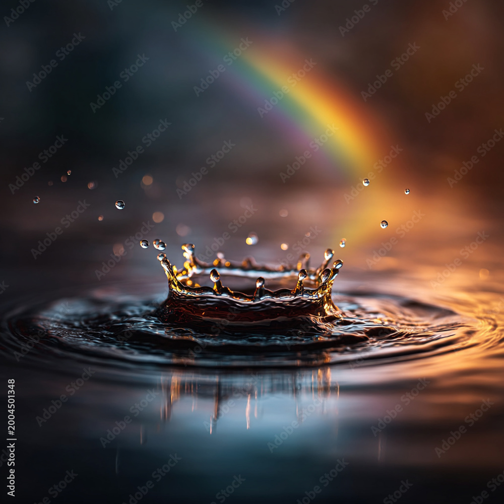 Fototapeta premium Water splash crown forming with a rainbow reflected on the surface, water drop