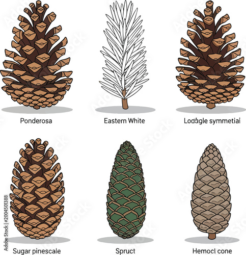 Set of different pine cone varieties including Ponderosa and Eastern White with textured details and realistic shapes displayed on transparent background