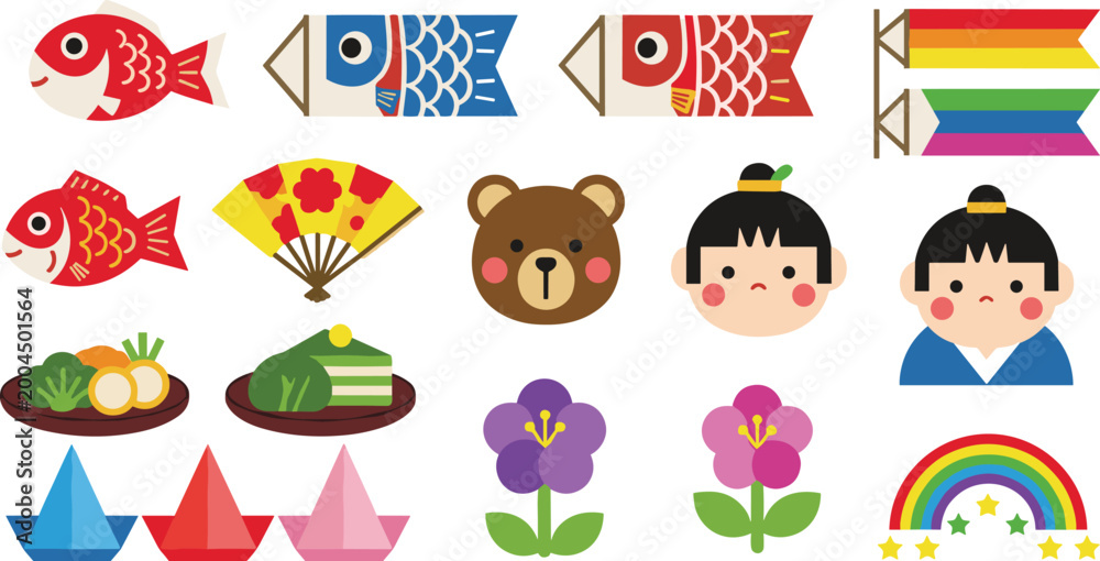 Fototapeta premium Japanese Festival Vector Set with Koinobori, Traditional Symbols, Food, Flowers, and Fun Cultural Icons
