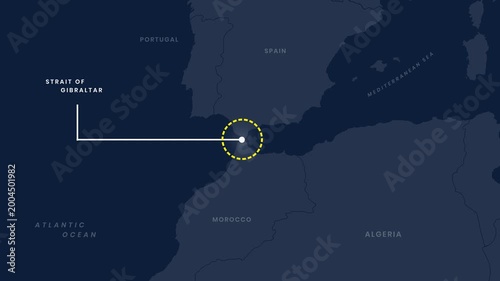Map Animation Highlighting Strait Of Gibraltar With Rotating Yellow Dotted Circle And Pointer Showing Strategic Maritime Chokepoint 4K