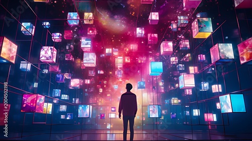 Person standing under digital floating screens