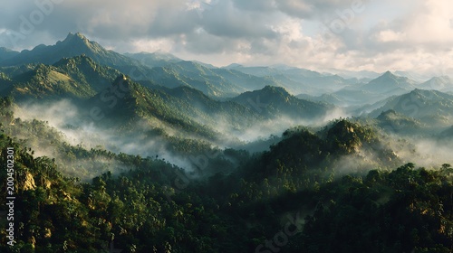 Awesome photo of lush green mountains covered in morning mist under a cloudy sky.