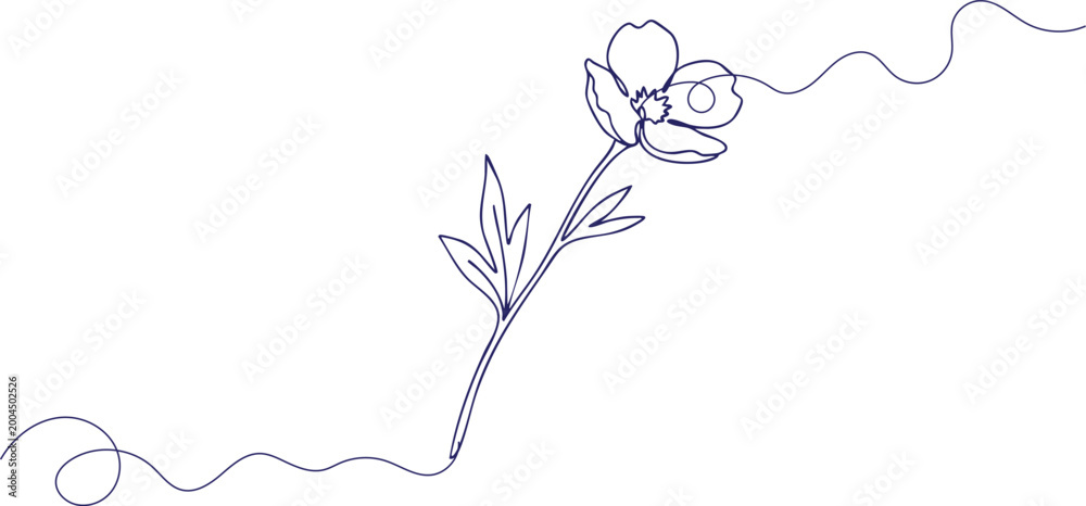 Fototapeta premium Elegant continuous one line drawing of blooming flower with leaves for minimalist floral vector logo