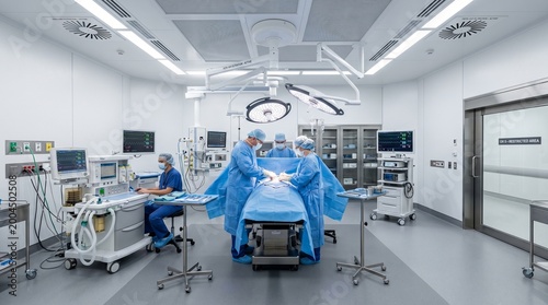 Modern hospital operating room with surgical team performing procedure