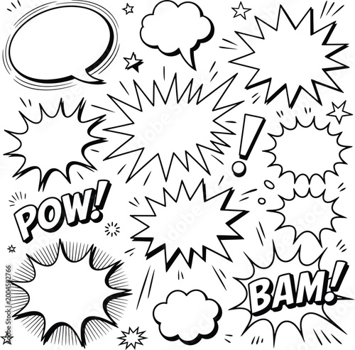 Bild auf Leinwand Set of Blank Comic Speech Bubbles and Sound Effects Symbols in Black and White S