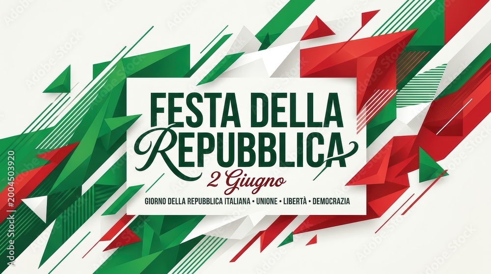 Fototapeta premium Abstract geometric design inspired by Italian flag, bold modern lettering “Festa della Repubblica”