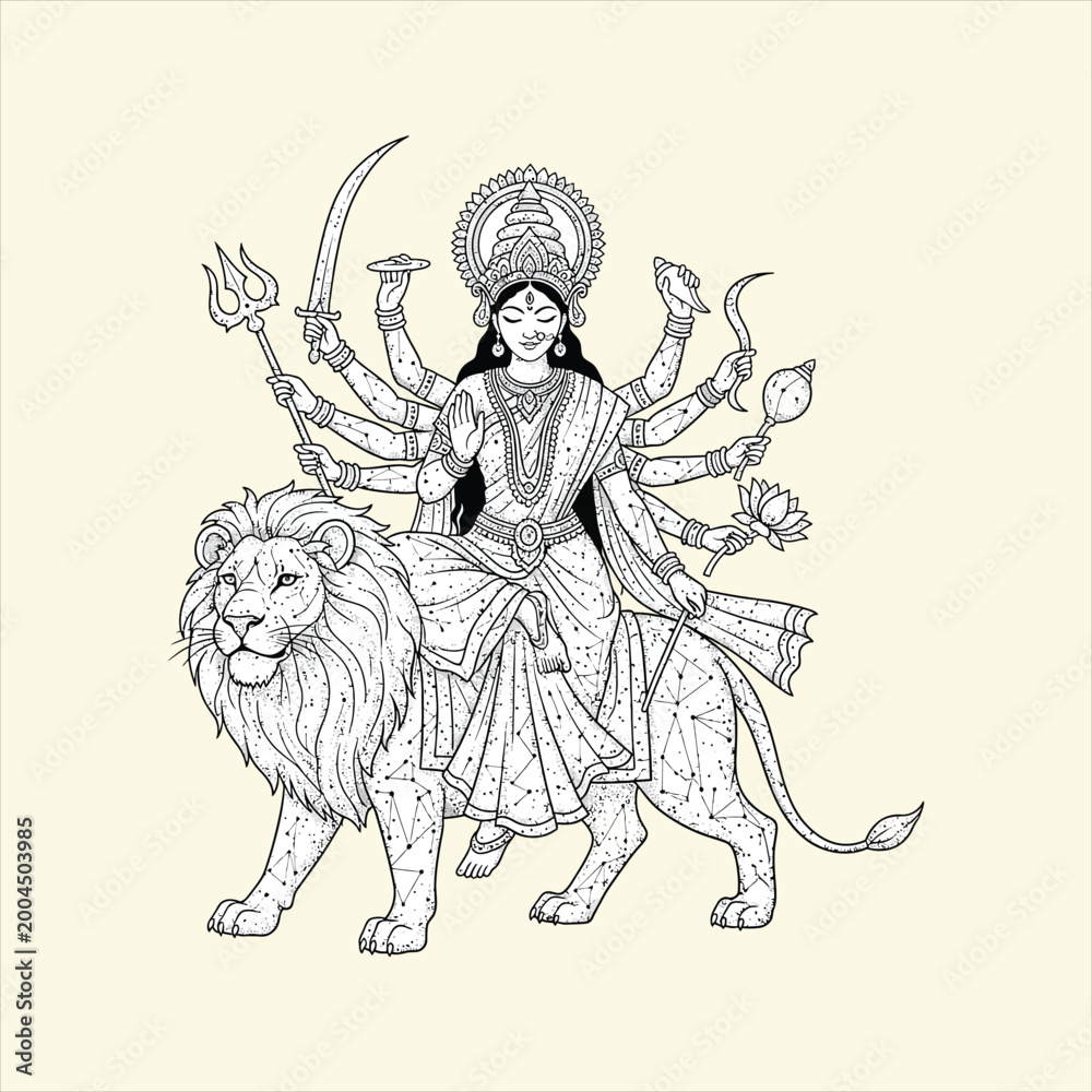 Obraz premium Goddess durga riding lion with intricate details and constellation pattern.